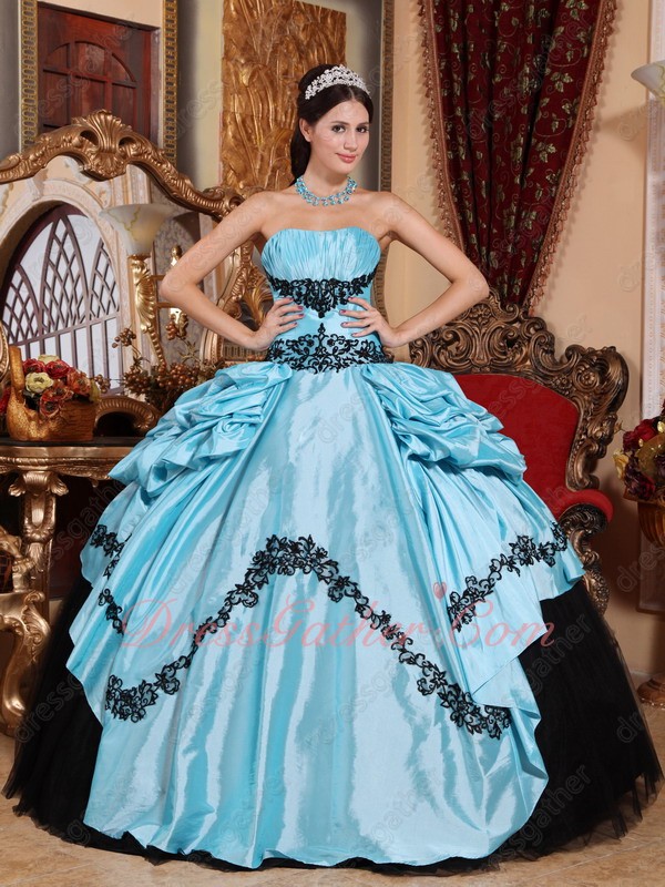 Half Baby Blue Taffeta Half Black Flat Tulle Quinceanera Ball Gown With Embroidery - Click Image to Close
