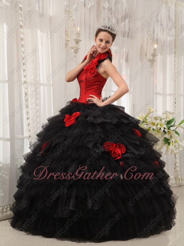 DIY Halter/Sweetheart Detachable Strap Red and Black Quinceanera Layers Ball Gown Cake - Click Image to Close