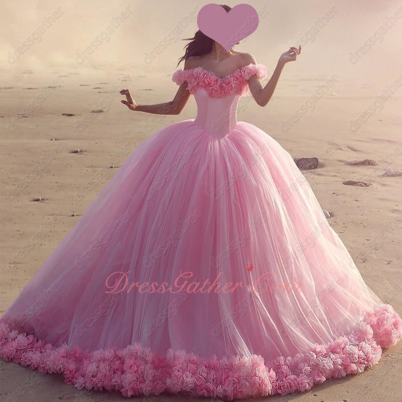 Handmade 3D Flowers Hemline Luxury Quinceanera Gift Gown Cute Pink Tulle - Click Image to Close