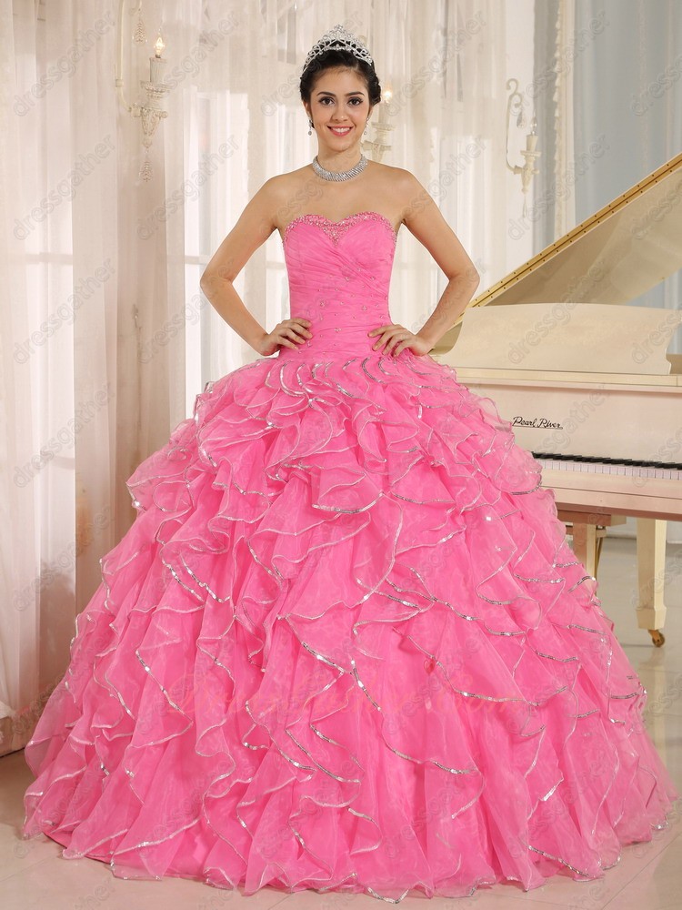 Sparkling Silver Sequin Edge Rose Pink Ruffles Annual Evening Prom Ball Gown - Click Image to Close