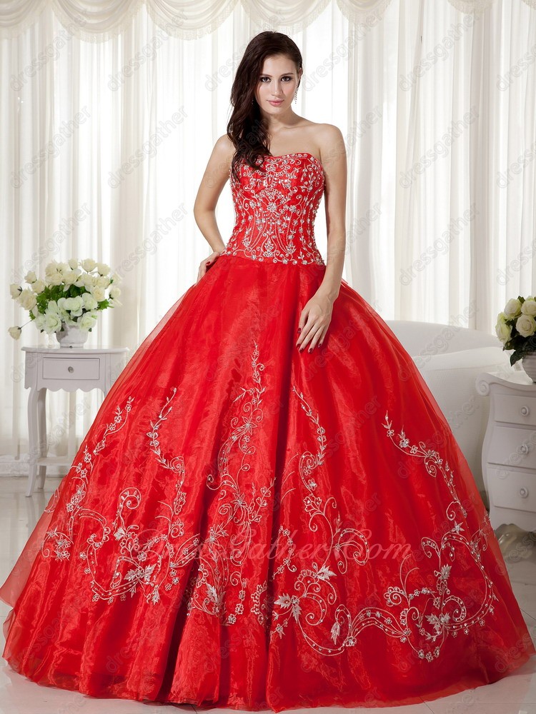 Scarlet Organza Skirt Silver Handwork Embroidery Princess Ball Gown Quinceanera - Click Image to Close