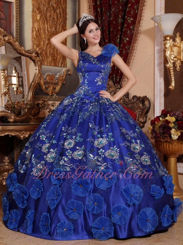 Sparkle Sequin Lace Cover Royal Blue V Neck Quinceanera Ball Gown With Lotus Leaves - Click Image to Close