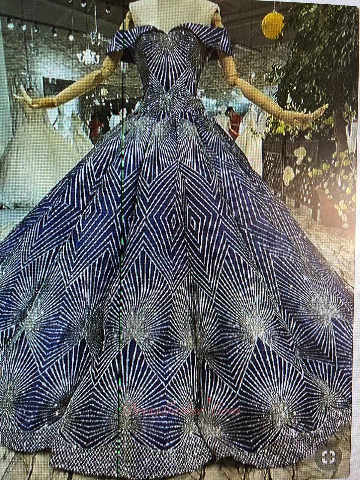 Attractive Off Shoulder Diamond Ray Sparkling Stripe Lace Quinceanera Ball Gown Unique - Click Image to Close