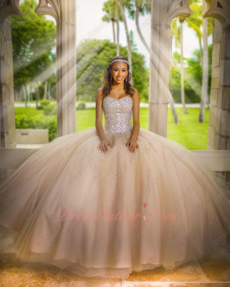Colorful AB Crystals Bodice Champagne Tulle Puffy Ruched Ball Gown For Quince Event - Click Image to Close