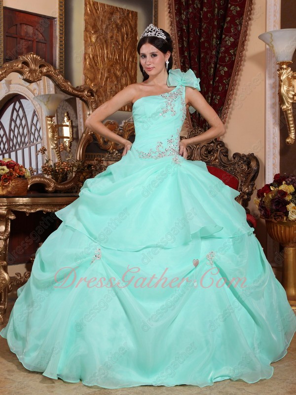One Shoulder Apple Green Thick Organza Puffy Quinceanera Ball Gown and Her Court - Click Image to Close