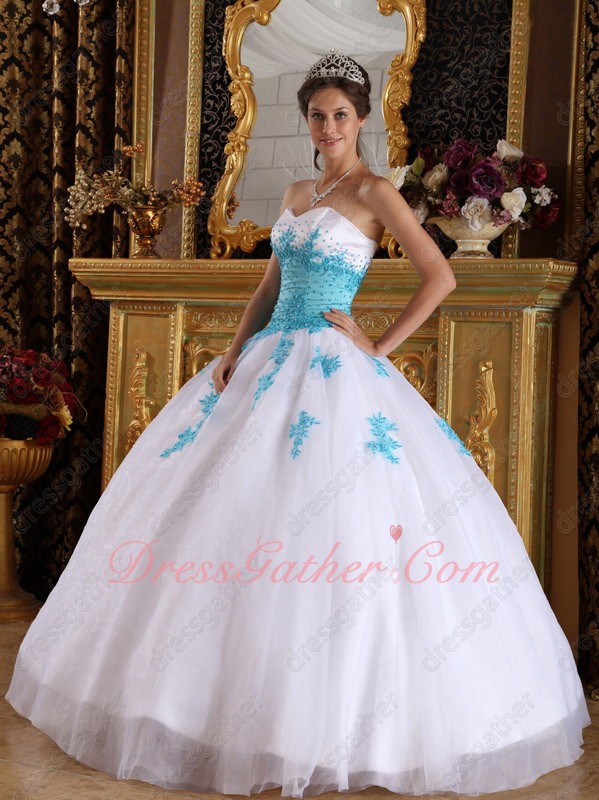 Princess Sweetheart Pure White Organza Quinceanera Dress With Aqua Blue Applique - Click Image to Close