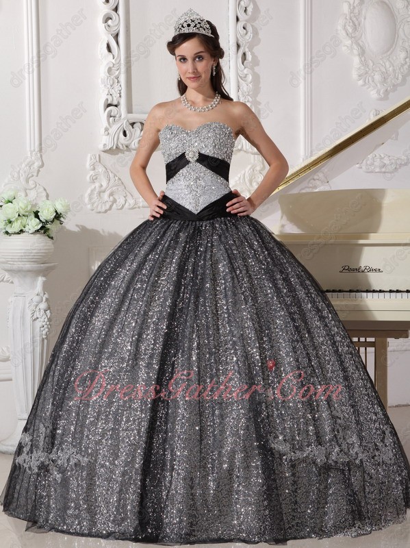 Silver Sparkling Sequin Basque Prom Quinceanera Dance Dress With Black Tulle - Click Image to Close