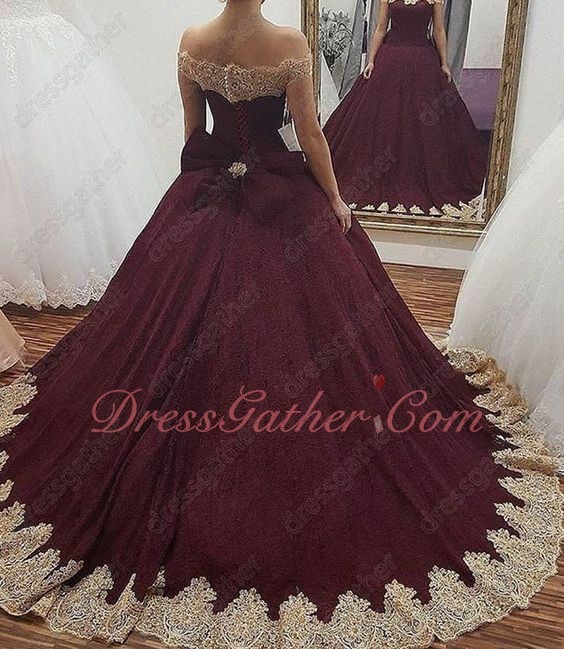 Burgundy Tulle Wave Gold Appliques Evening Quinceanera Gown Detachable Bowknot Back - Click Image to Close