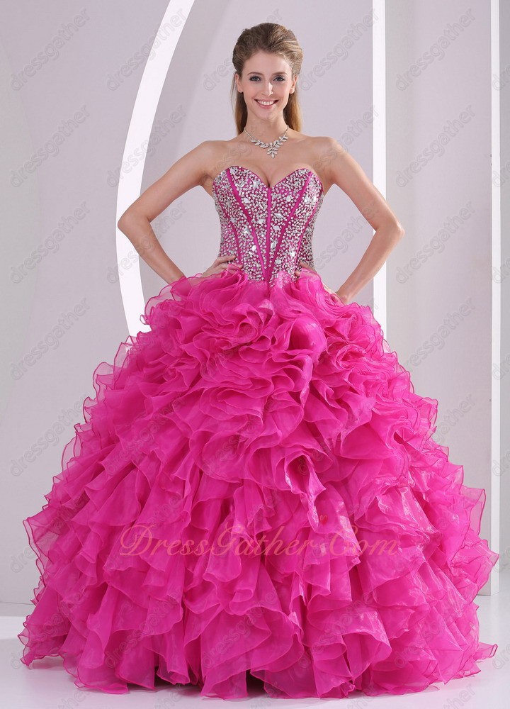 Cheap Hot Pink Dense Ruffles Quinceanera Ball Gown Beading Corset/Fishbone Lines - Click Image to Close