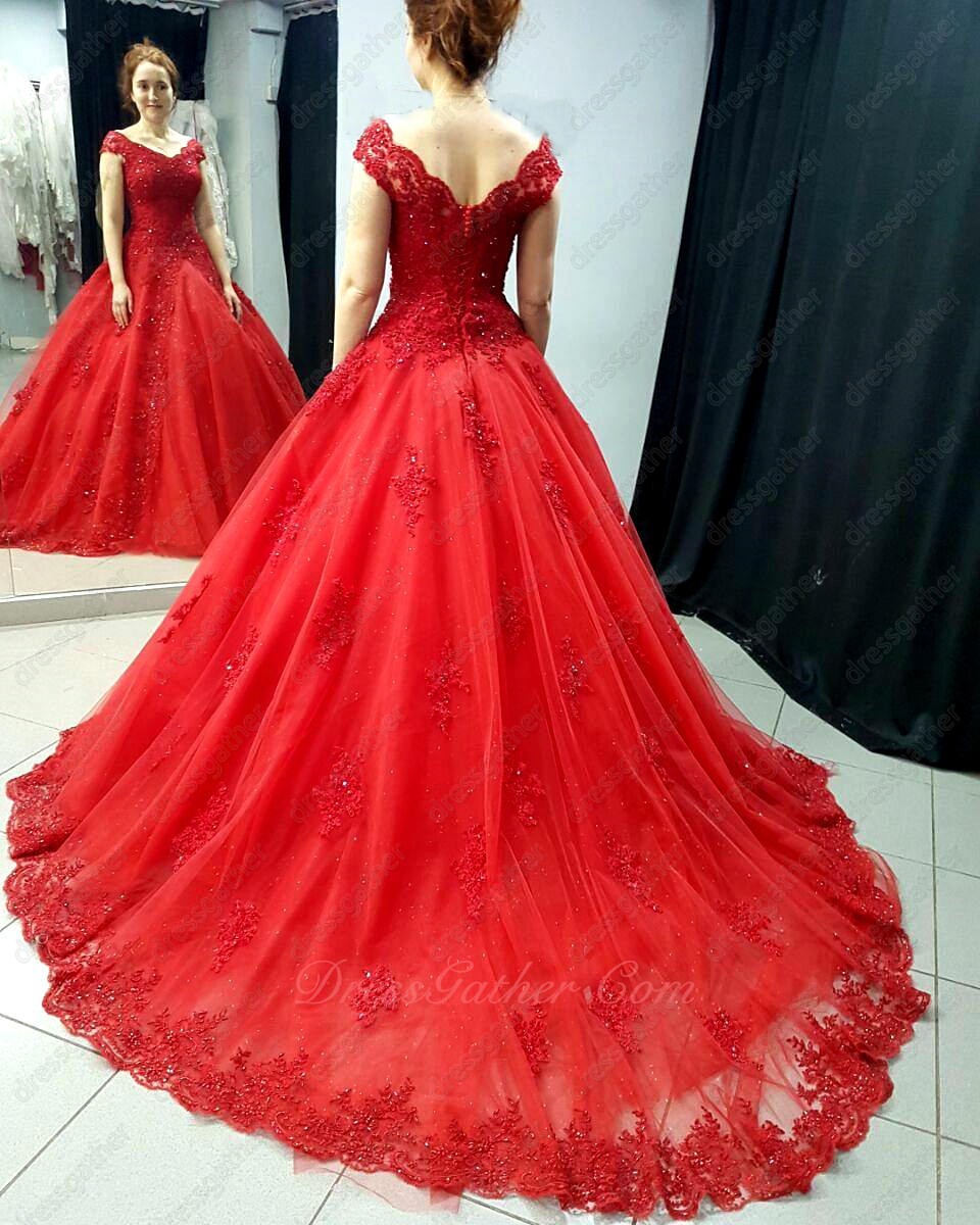 Puffy Red Sparkle Tulle Lacework Hemline 2023 Prom Evening Dress For Women Wear - Click Image to Close