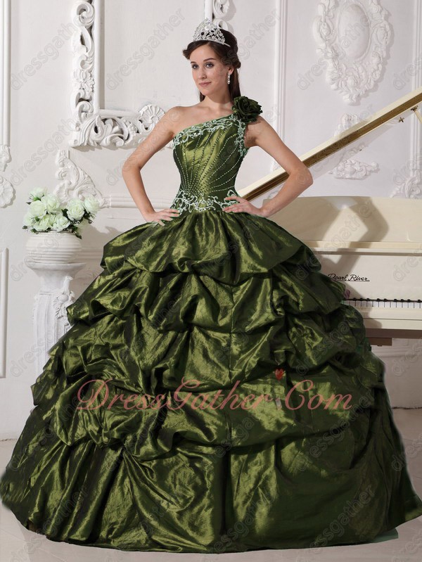 Olive Green One Shoulder Taffeta Pick-ups Skirt Quinceanera Dress Vintage - Click Image to Close