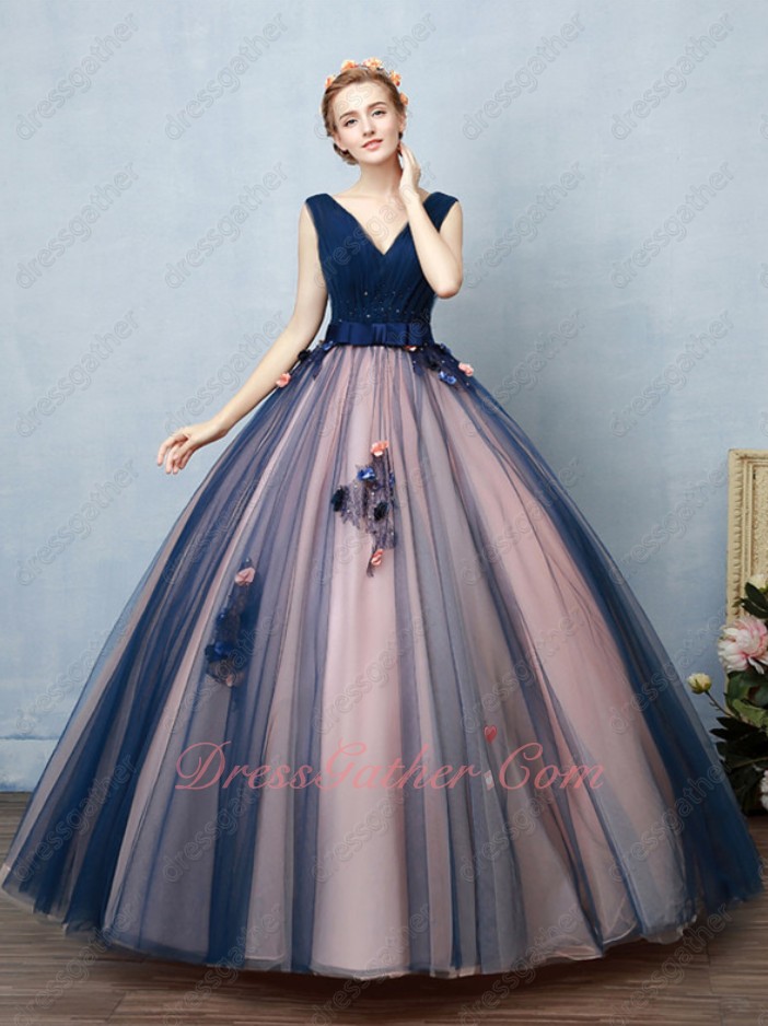 Navy Blue and Blush Contrast Color Ingenious Design Ball Gown Social Contact Party - Click Image to Close