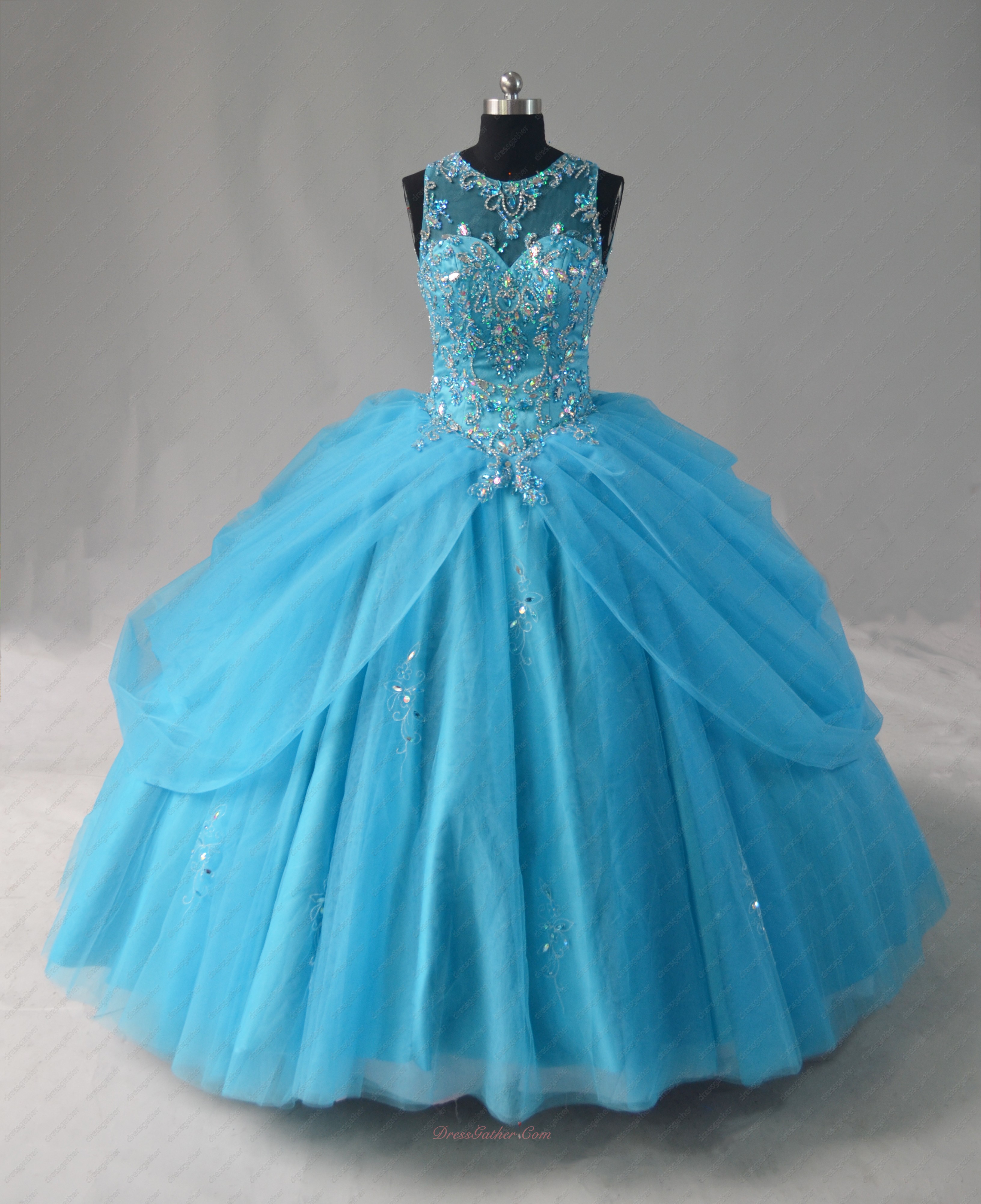 Designer AB Crystals Basque Aqua Blue Tulle Flutters Curtain Quinceanera Gown - Click Image to Close