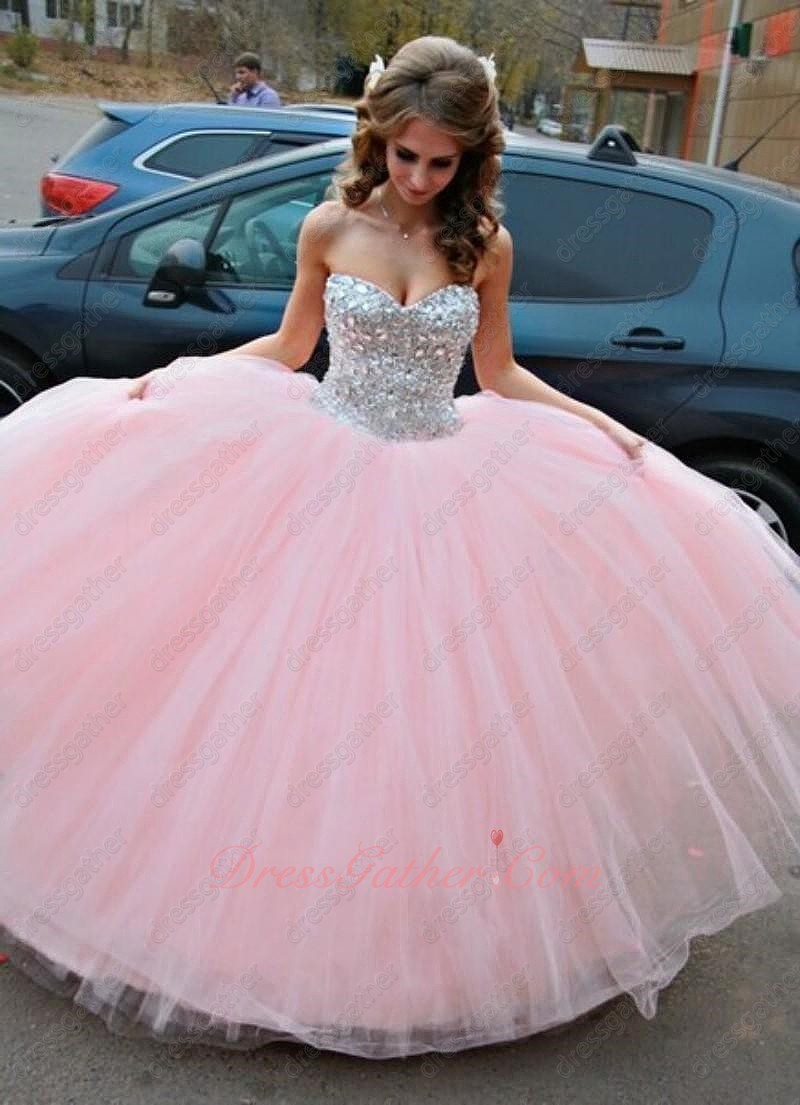 Fashion Trend Blush Pink Sweetheart Bodice Covered Crystals Stage Ball Gown For Quince - Click Image to Close