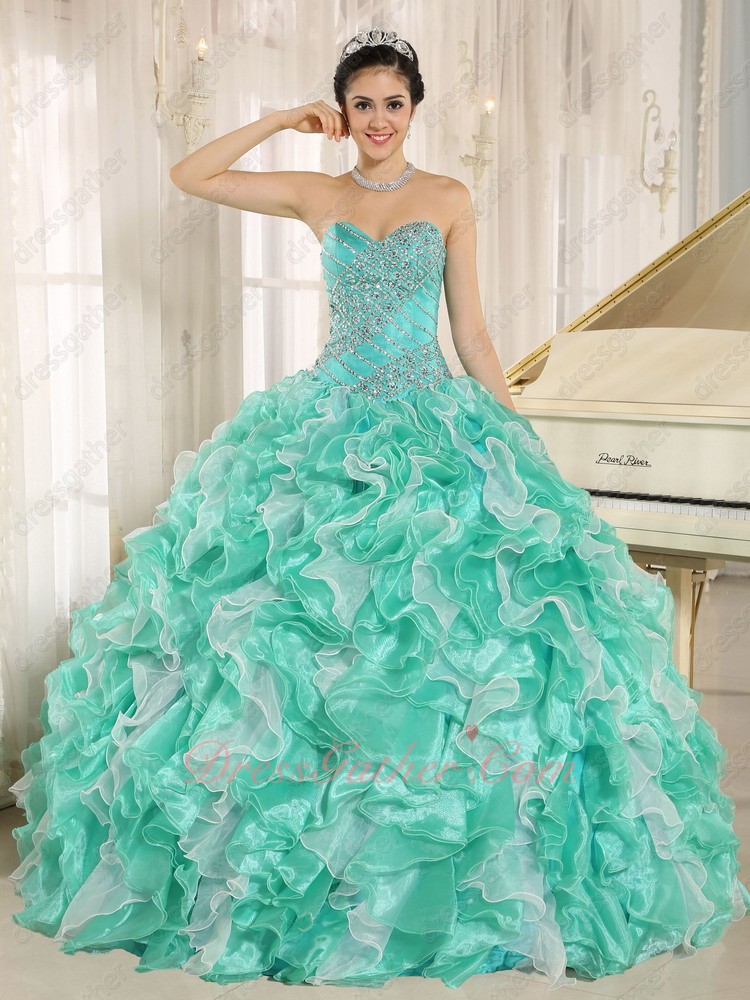 Thickest Apple Green/Off White Organza Ruffles Beading Basque Quince Celebrity Gown - Click Image to Close