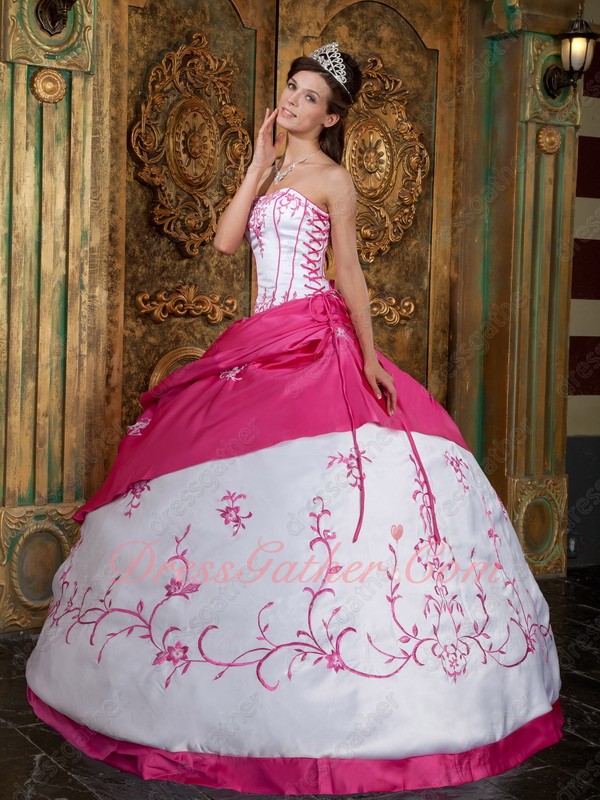 Strips Girdling V-Shaped Waist Embroidery Western Quinceanera Dress White and Fuchsia - Click Image to Close