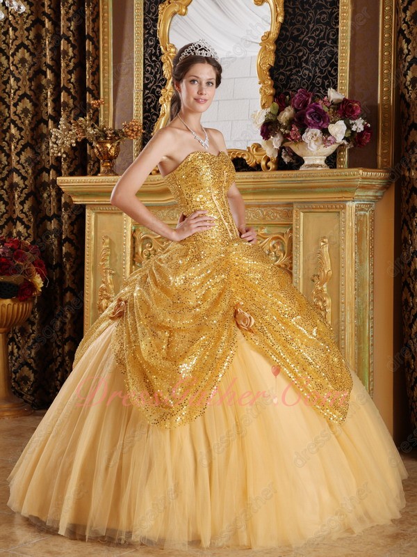 Pretty Golden Sparkling Paillette/Sequin Girls Highlights Ball Gown With Tulle - Click Image to Close