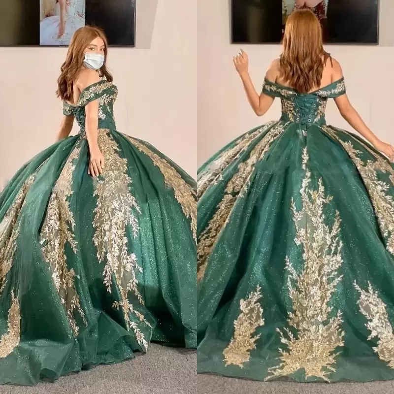 Modest Lapel V Neck Dark Emerald Green Glitter Gold Appliques Quinceanera Ball Gown - Click Image to Close