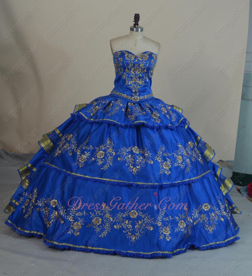 Royal Blue Satin Gold Embroidery V-Shaped Basque Western Village Quinceanera Ball Gowns - Click Image to Close