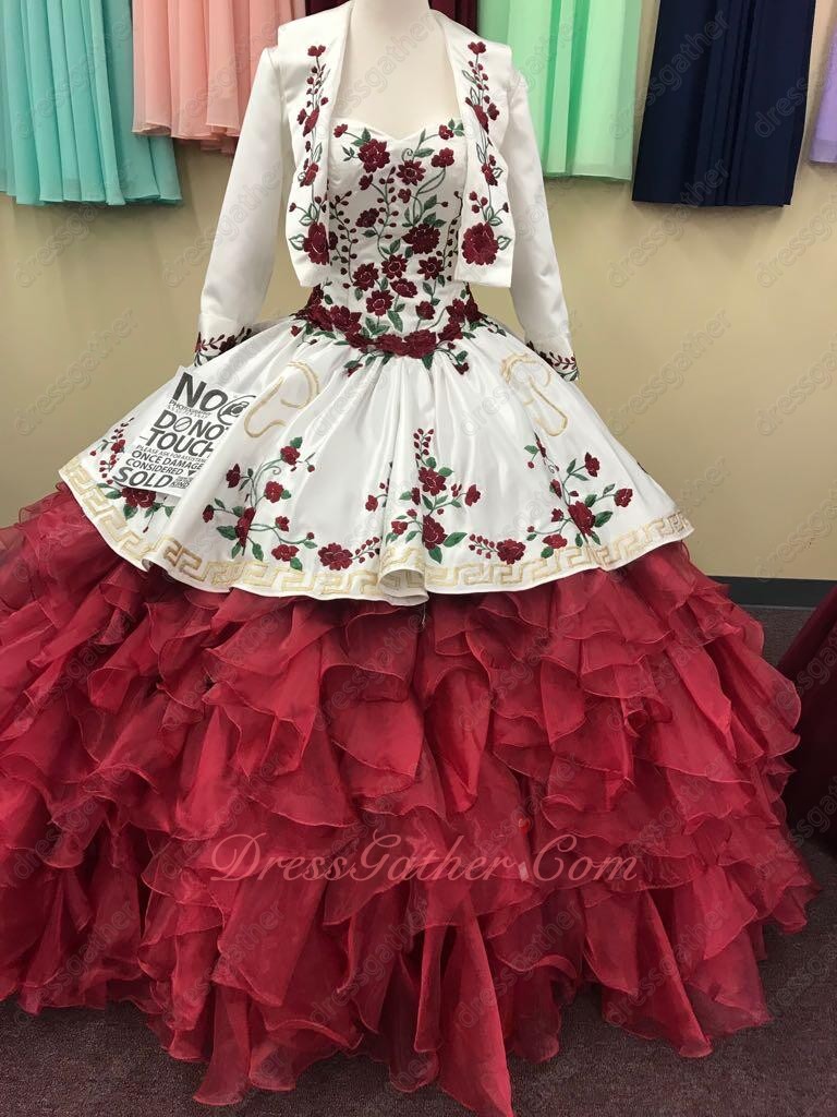 Sweetheart Embroidery Overlay Wave Ruffles Wine Red and White Quinceanera Gowns Western - Click Image to Close