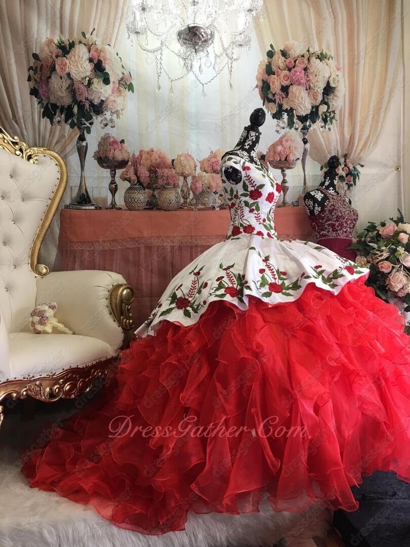 White and Red High Low Overlay Leaves and Flowers Embroidery Western Quinceanera Gown - Click Image to Close