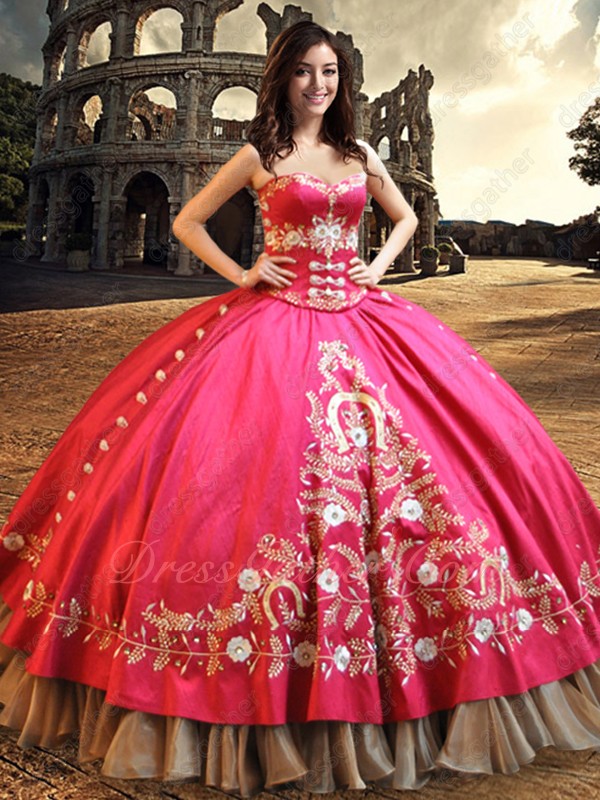 Fuchsia Embroidery Bodice and Overlay Western Quinceanera Gown Gold Organza Hemline - Click Image to Close