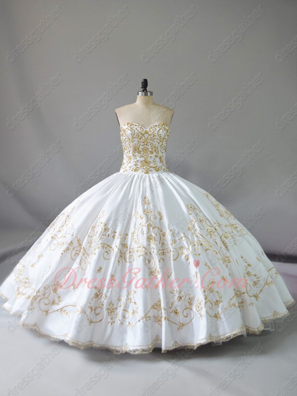 Pretty Plain Thick Satin White With Gold Embroidery Western Quinceanera Girls Ball Gown - Click Image to Close