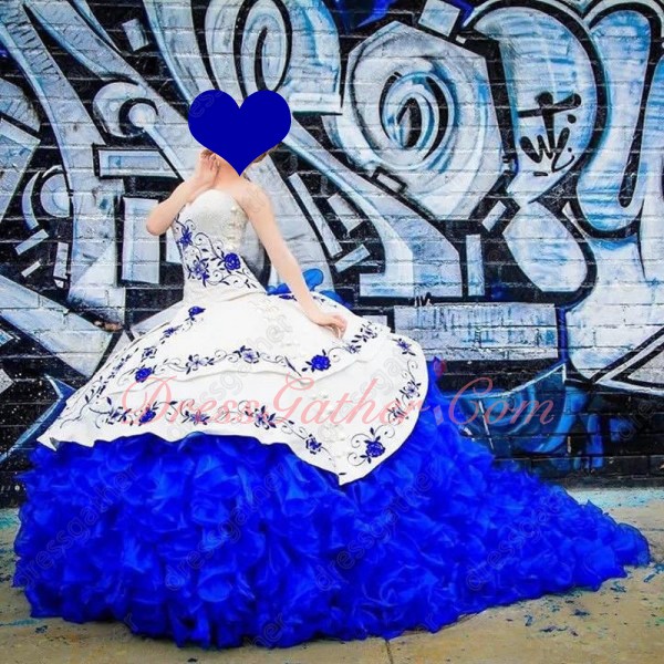 Western Hot Sell Girls Prefer Embroidery White & Royal Blue Court Ball Gowns With Train - Click Image to Close