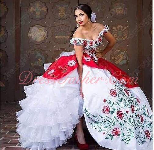 Off Shoulder Red & Green Branches Leaves Embroidery Western Quinceanera Gown White - Click Image to Close