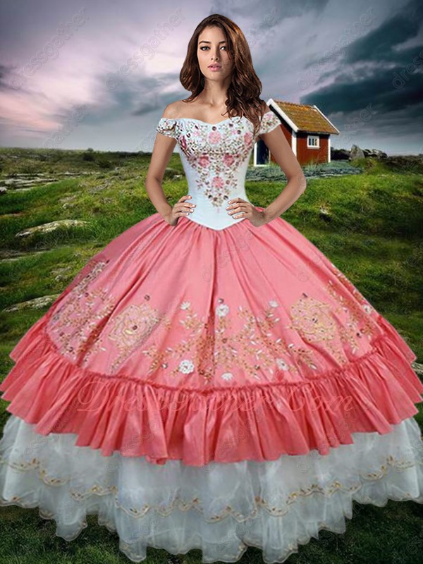 US Western Village Texas Roadhouse Swing White and Watermelon Quinceanera Gown Latest - Click Image to Close
