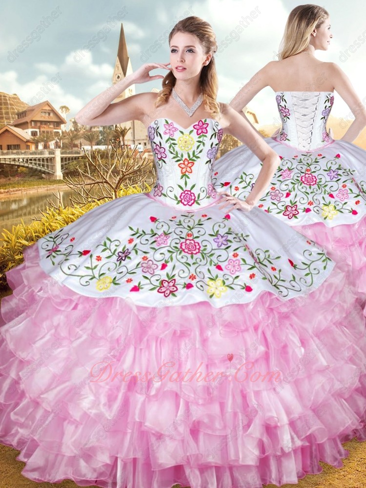 Western Hotel California Colorful Embroidery Ball Gown White With Pink Layers Organza - Click Image to Close