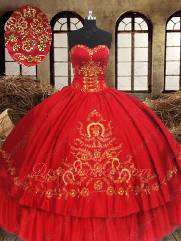 Latin America 15th Vestidos De Quinceanera Red Ball Gown Gold Embroidery Horseshoe - Click Image to Close