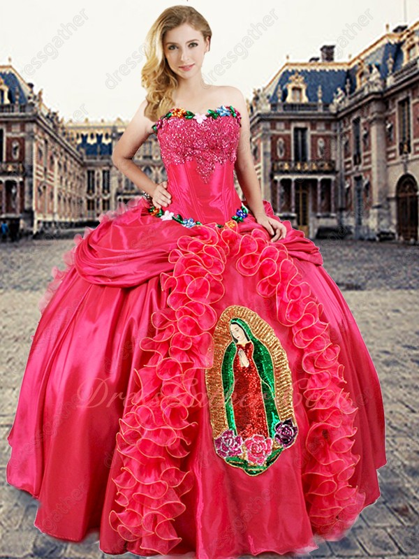 Coral Quinceanera Ball Gown Female Deity Blessed Virgin Mary Embroidery Religion Theme - Click Image to Close