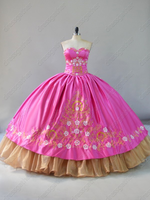 Fuchsia Blouse/Overlay Gold Embroidery Organza Hemline Western Quince Dress Gowns - Click Image to Close