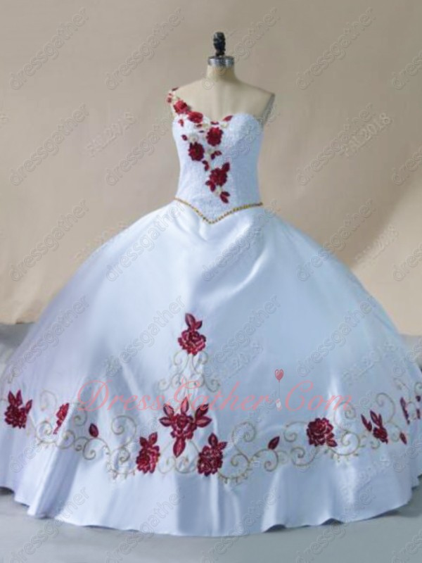 Right One Strap Plain Western Quinceanera Gowns White Satin With Wine Red Embroidery - Click Image to Close