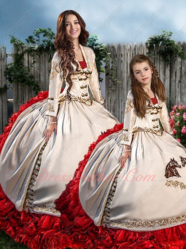Western Embroidery Ivory Red Ruffles Quince Ball Gown Adult and Flower Girl Together - Click Image to Close