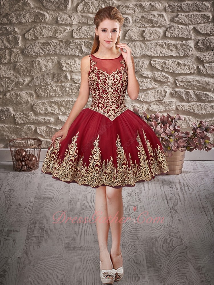 Top Seller Knee Length Short Quinceanera Prom Gown Wine Red With Golden Embroidery - Click Image to Close