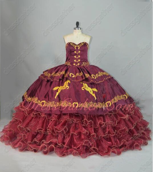 Western Burgundy Gold Horse Horseshoe Embroidery Overlay and Ruffles Quince Ball Gown - Click Image to Close