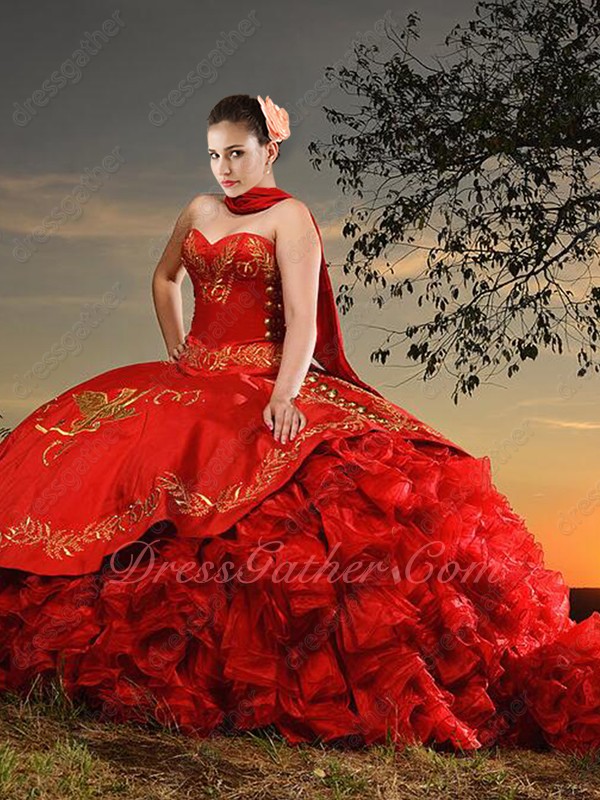 Western Gold Embroidery Court Train Red Organza Bottom Ruffles Quinceanera Gown Eagle - Click Image to Close