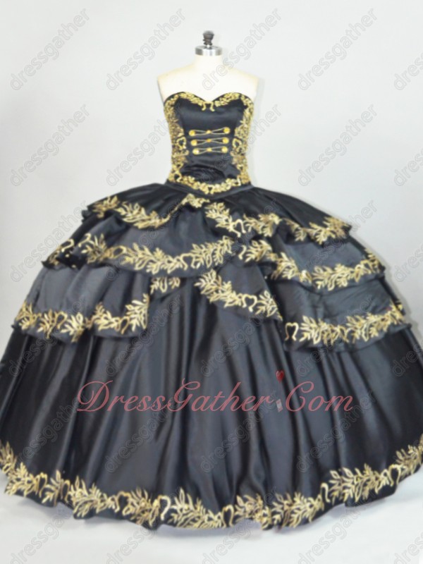 Cross Layers Skirt With Gold Embroidery Edge Western Black Quiceanera Dress Coupon - Click Image to Close